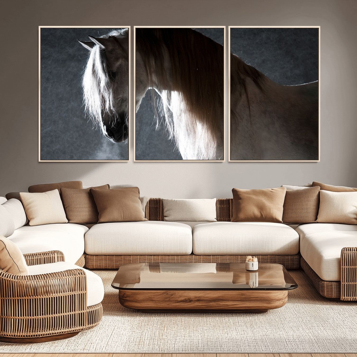 -Large Wall Art Cream Colored Horse on Grey Background Canvas Print