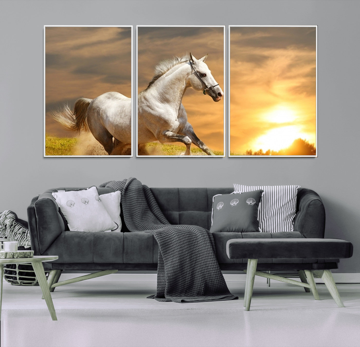 -Large Wall Art Galloping White Horse at Sunset Canvas Print