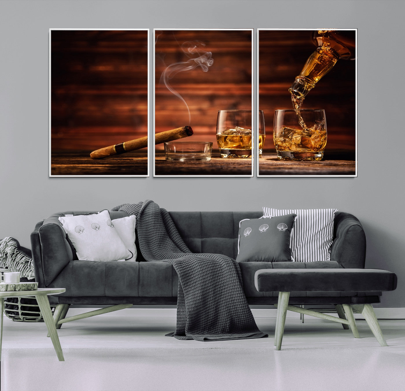 91042-MGV-FC-60X30-3P_White-Whiskey and Cigar Wall Art Canvas | 3 Panel Bar Room Decor for Home Lounge, Office, or Man Cave |