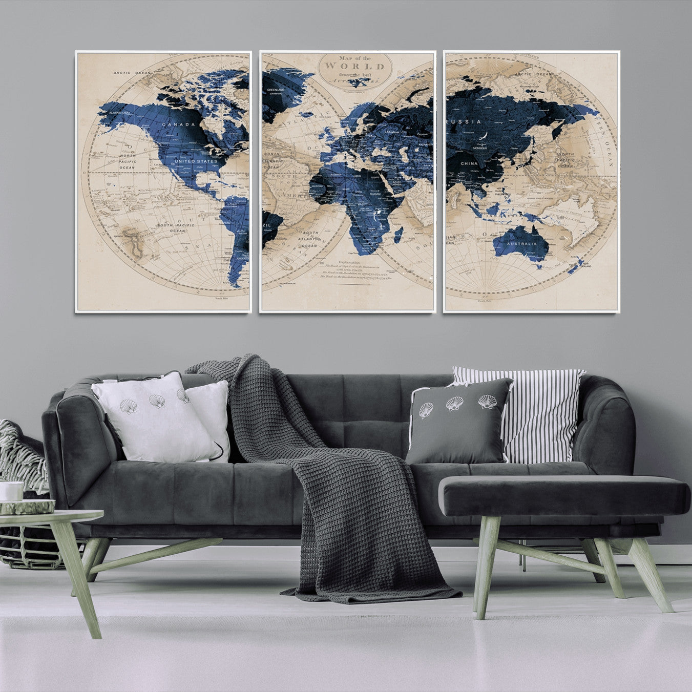 67444-MGV-FC-60X30-3P_White-Vintage Blue World Map Canvas Wall Art – Antique Style Framed Map Print, Elegant Travel Decor for Home Office or Study