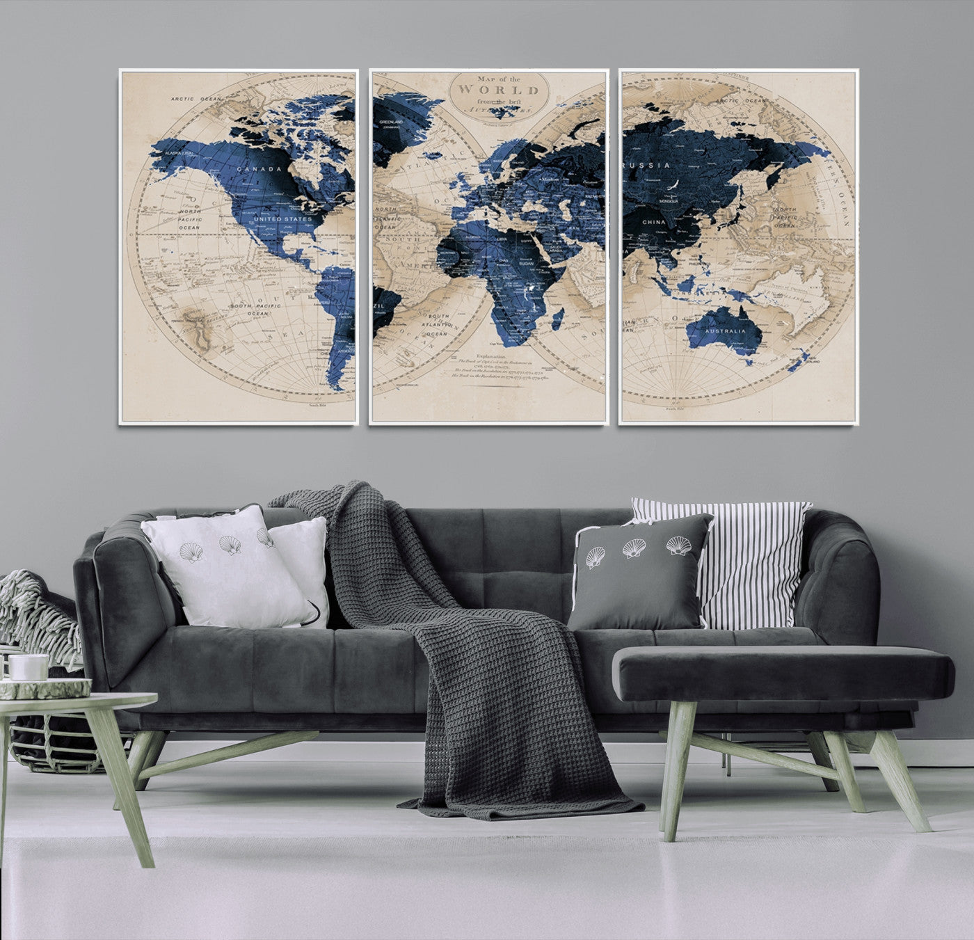 67444-MGV-FC-60X30-3P_White-Vintage Blue World Map Canvas Wall Art – Antique Style Framed Map Print, Elegant Travel Decor for Home Office or Study