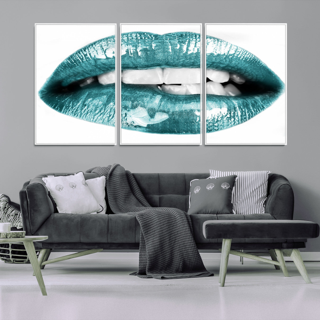 -Blue Lips Wall Art Canvas Print