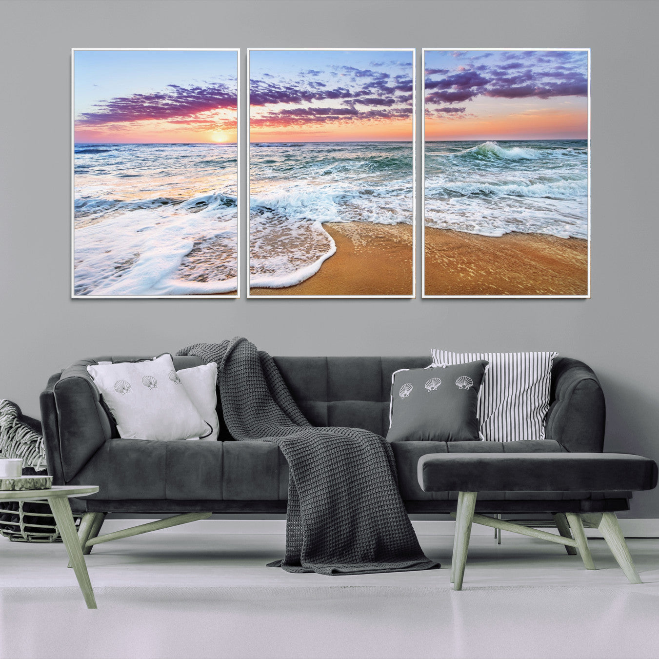 -Coastal Sunset Art Beach Canvas Wall Art Print | Ocean Waves Wall Art | Large 3-Panel Seascape for