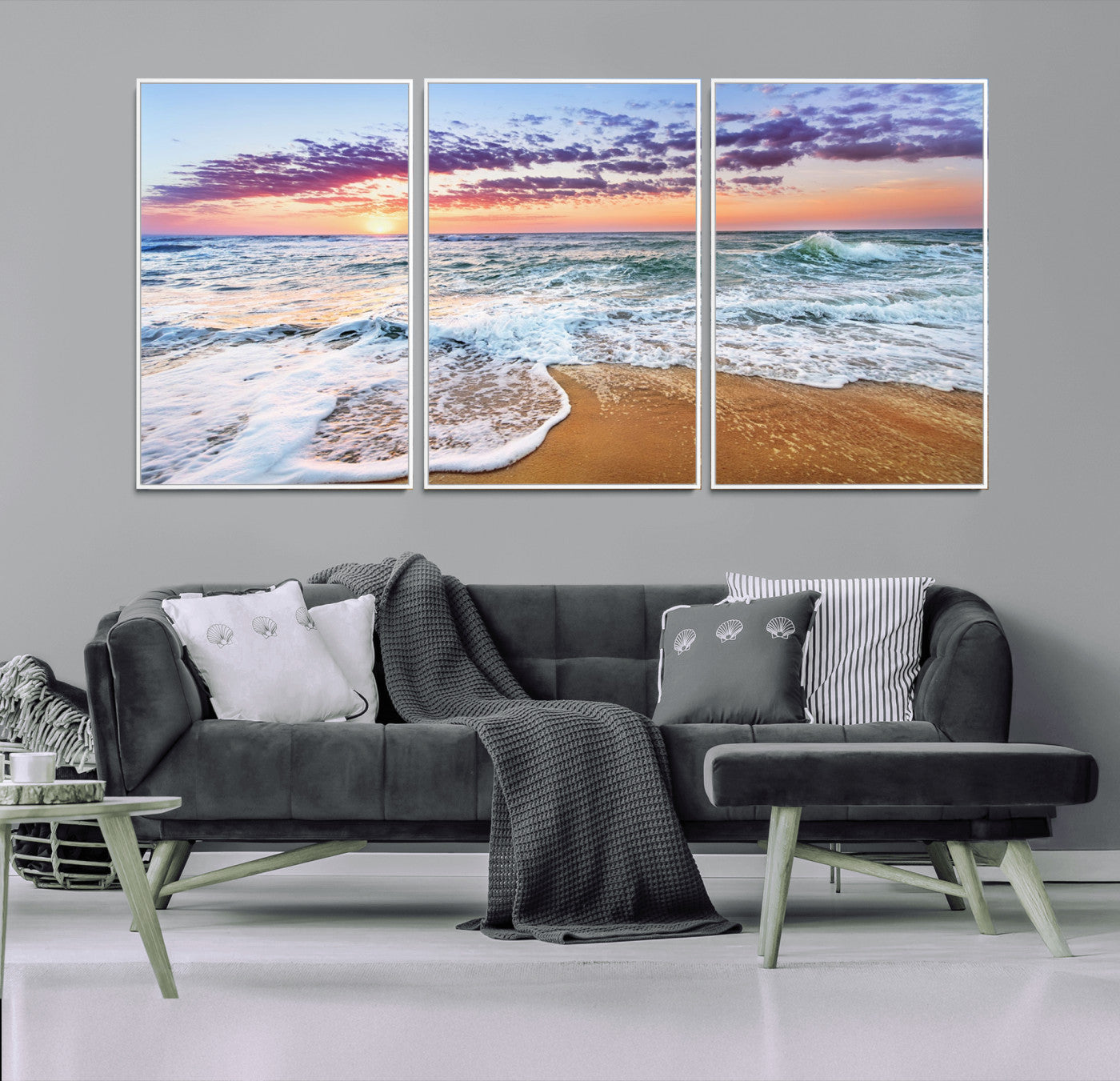 53006-MGV-CV-36X24-Coastal Sunset Art Beach Canvas Wall Art Print | Ocean Waves Wall Art | Large 3-Panel Seascape for