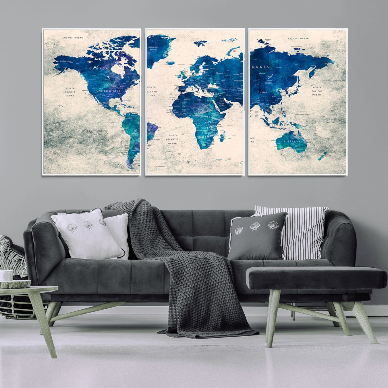 -Blue Watercolor World Map Canvas Print – Framed Modern Wall Art, Elegant Push Pin Travel Map Decor for Home Office or Living Room