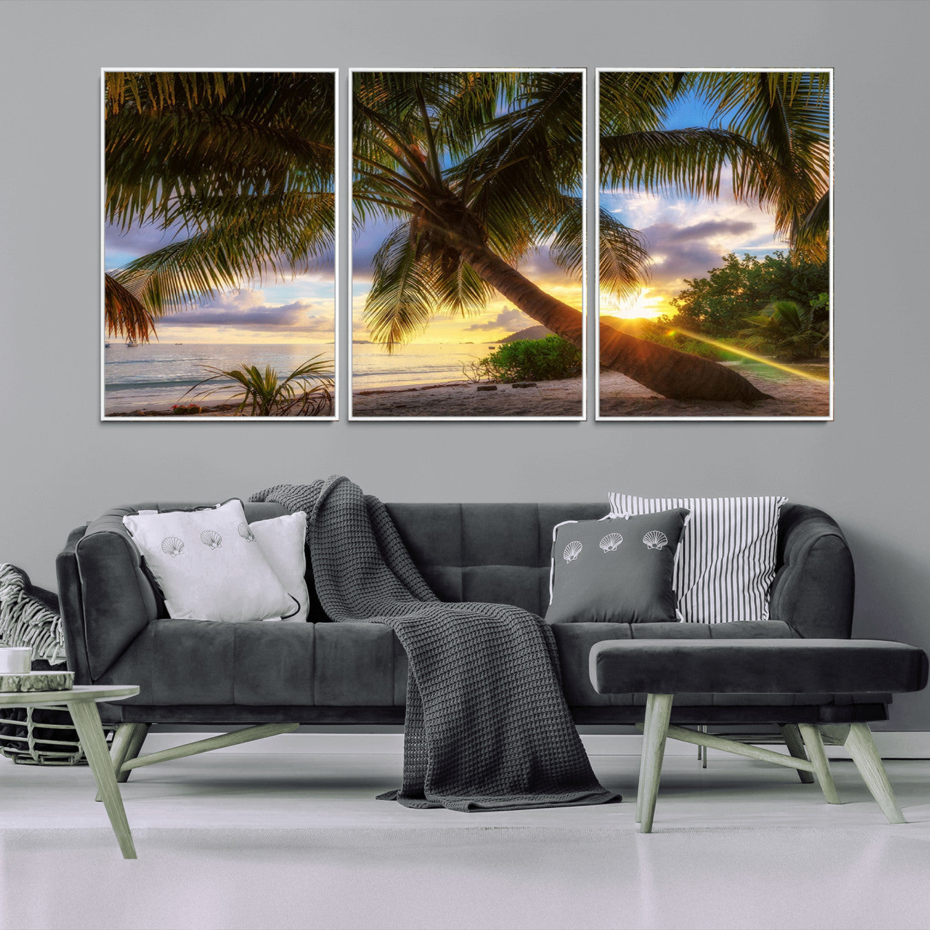 -Tropical Island Sunset on the Beach Palms Wall Art Canvas Print