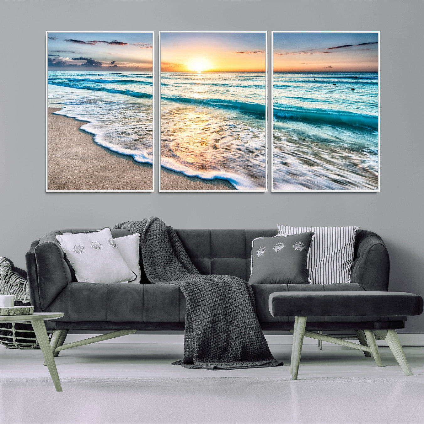 -Sunset Beach Waves Canvas Wall Art – 5-Panel Ocean Sunset Print – Coastal Decor for Living Room or