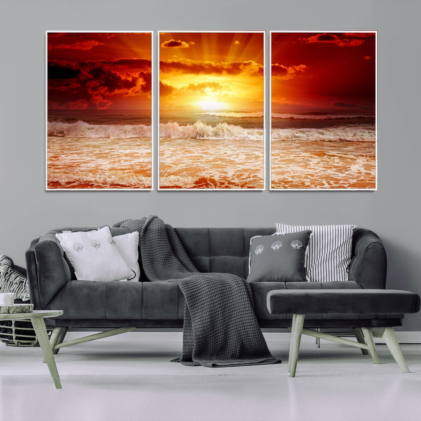 60211-MGV-FC-60X30-3P_White-Red Sunset Ocean Beach Canvas Wall Art Beach Canvas, Coastal Sunset Print