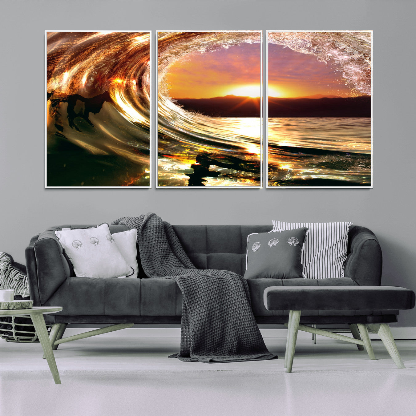 -Golden Wave Sunset Triptych Canvas Art, Giclee Canvas Print of Ocean Wave and Sunset, Framed Ocean
