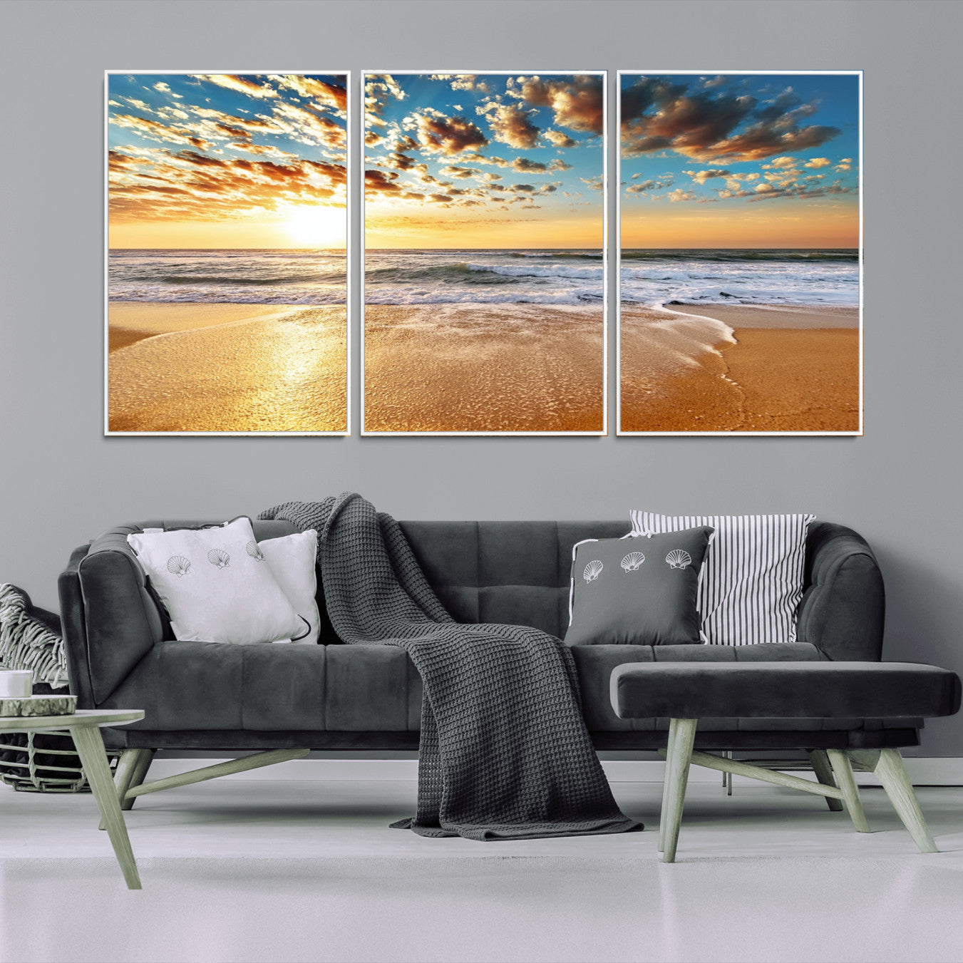 -Golden Sunset Beach Print Canvas Wall Art, Giclee Canvas Print with Canon Print Quality, Triptych