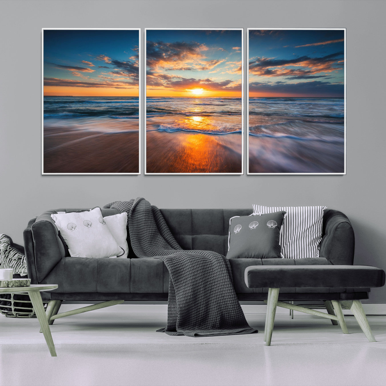-Sunset on the Ocean Beach with Waves, Reflections on Sand, Coastal Wall Art Print, Beach Wall Art,