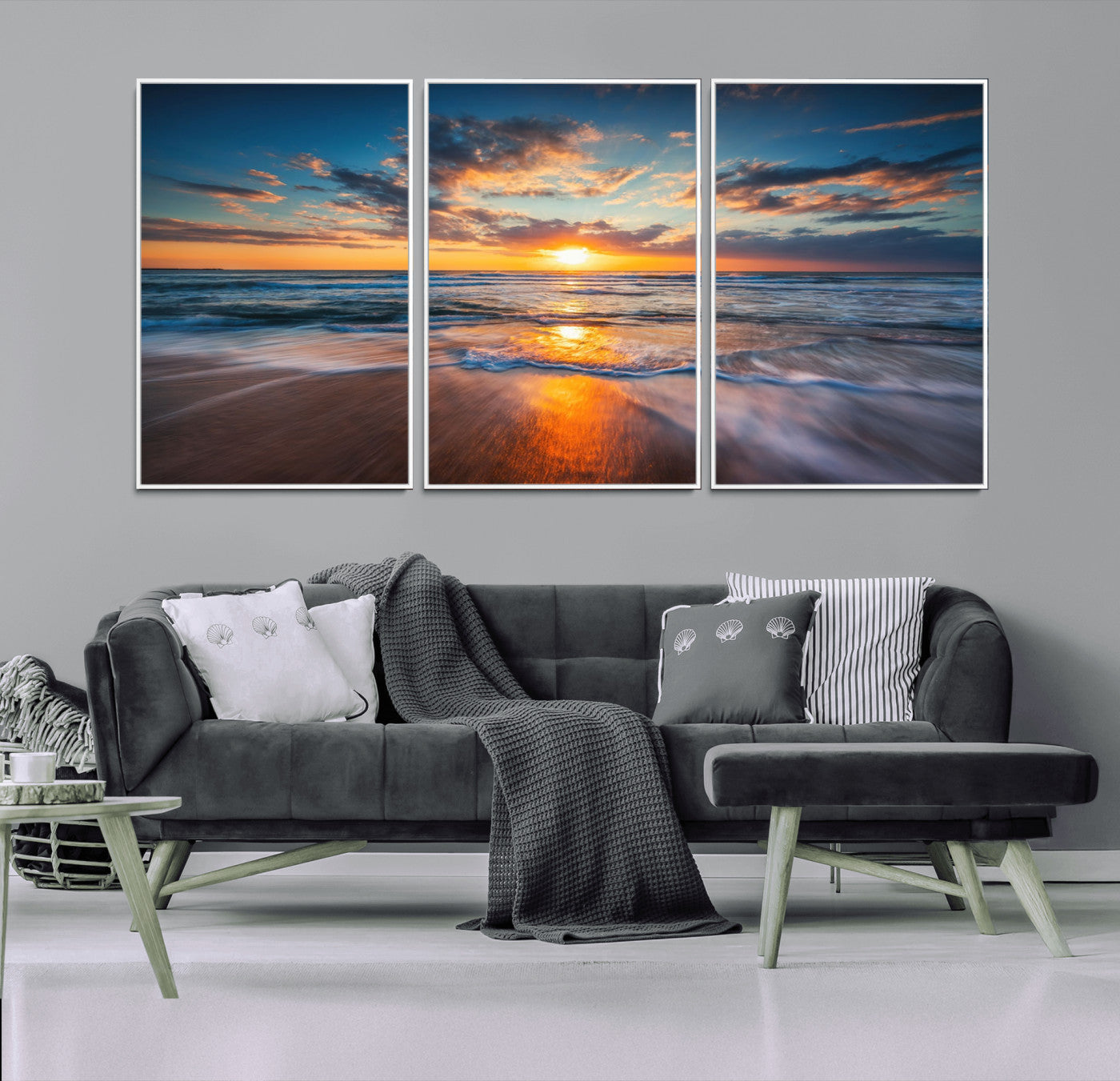 -Sunset on the Ocean Beach with Waves, Reflections on Sand, Coastal Wall Art Print, Beach Wall Art,