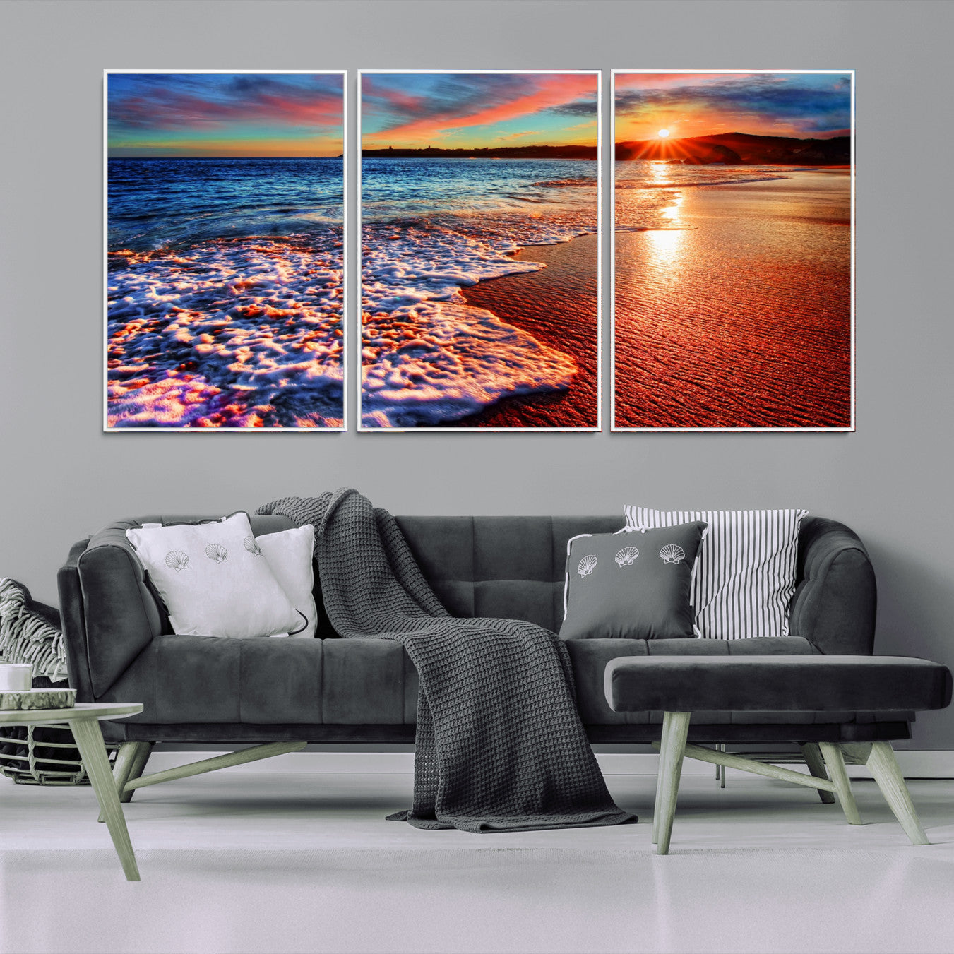 -Colorful Coastal Sunset on the Beach Canvas Print, Ocean Waves Crashing at Dusk, Multi-Panel