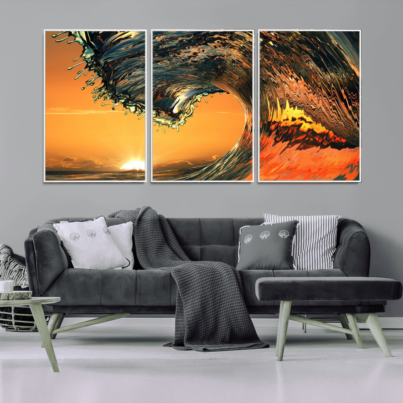 -Surf Wave Sunset Canvas Wall Art Print, 3-Panel Ocean Coastal Wall Art Print, Ocean Decor for