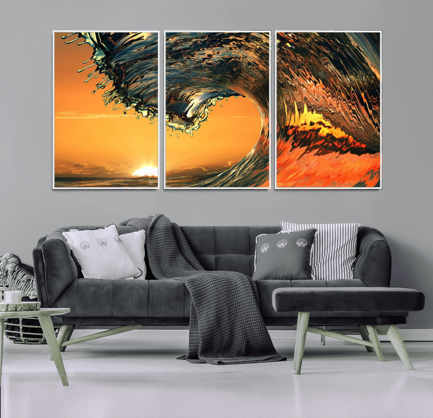 -Surf Wave Sunset Canvas Wall Art Print, 3-Panel Ocean Coastal Wall Art Print, Ocean Decor for