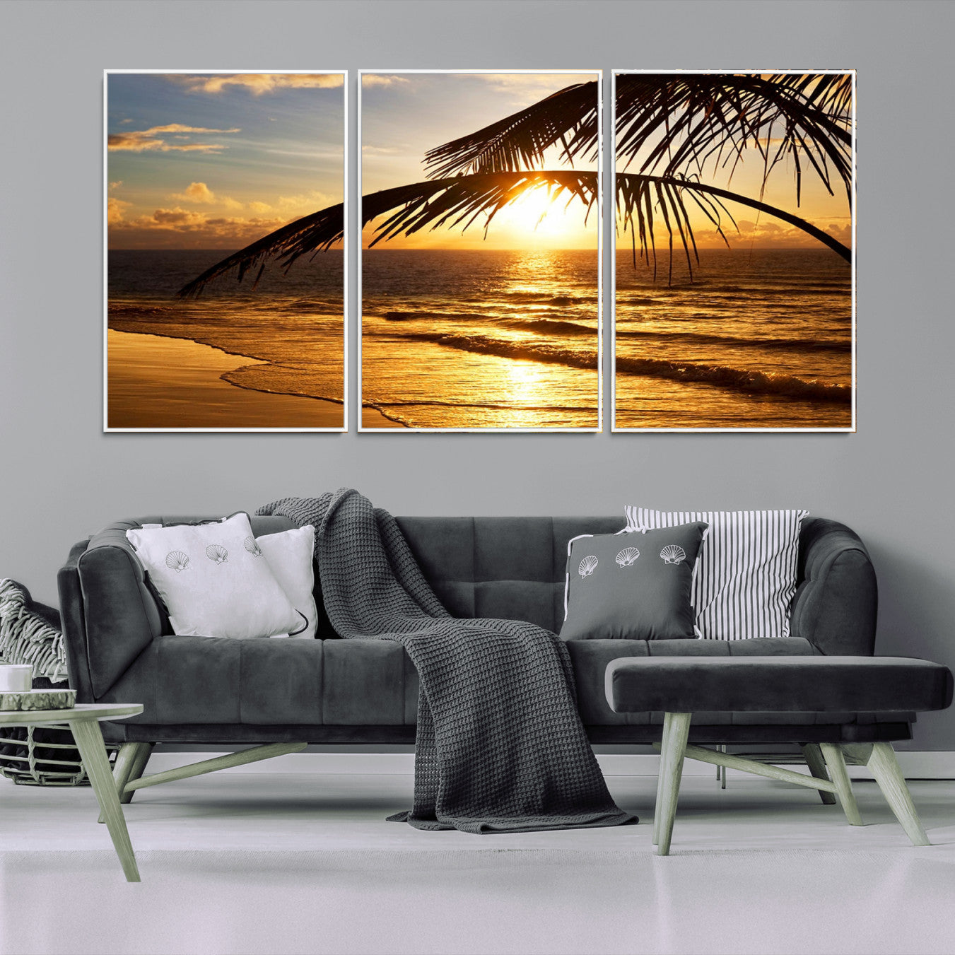 -Golden Tropical Beach Sunset Canvas Triptych, Coastal Palm Tree Wall Art, Ocean Shoreline Giclee