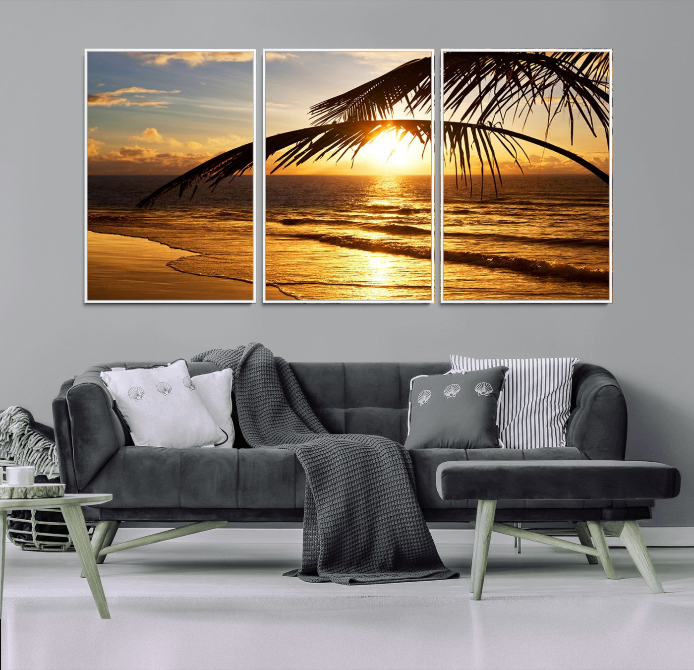 -Golden Tropical Beach Sunset Canvas Triptych, Coastal Palm Tree Wall Art, Ocean Shoreline Giclee