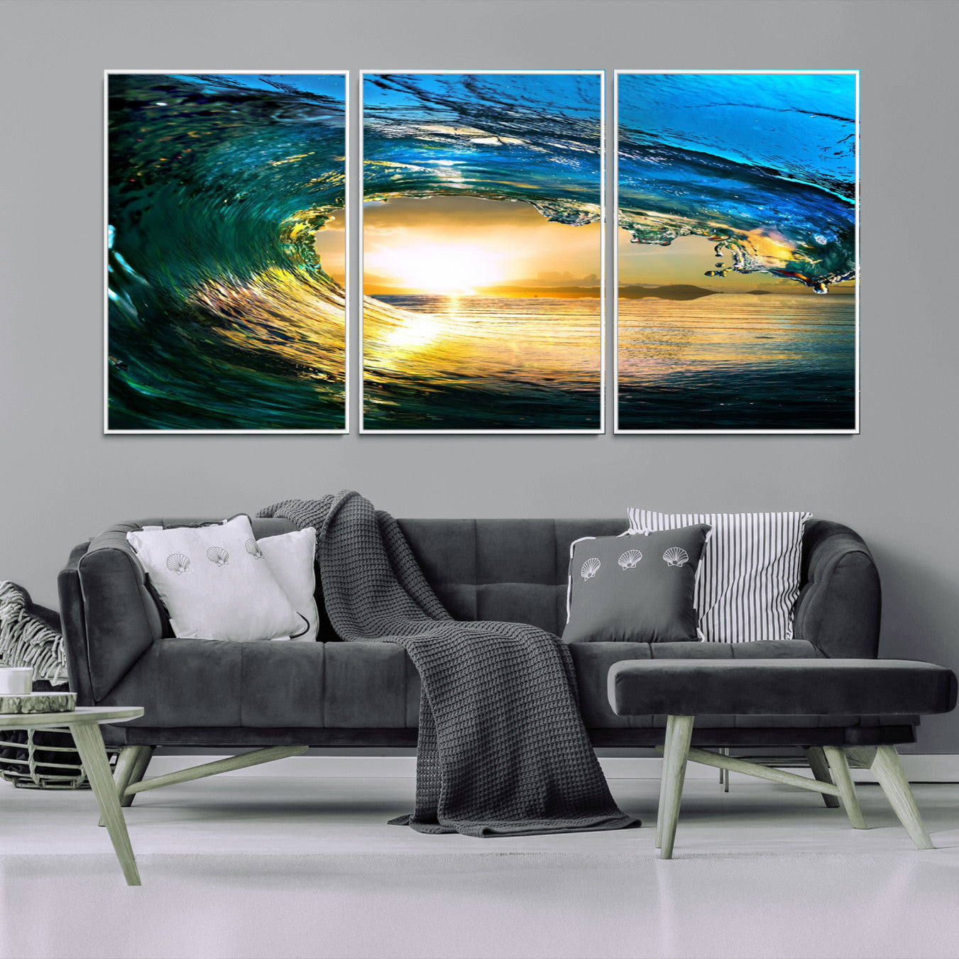 -Ocean Wave at Sunset Canvas Art, Large Wall Print of Vibrant Water Waves, Coastal Art for Living