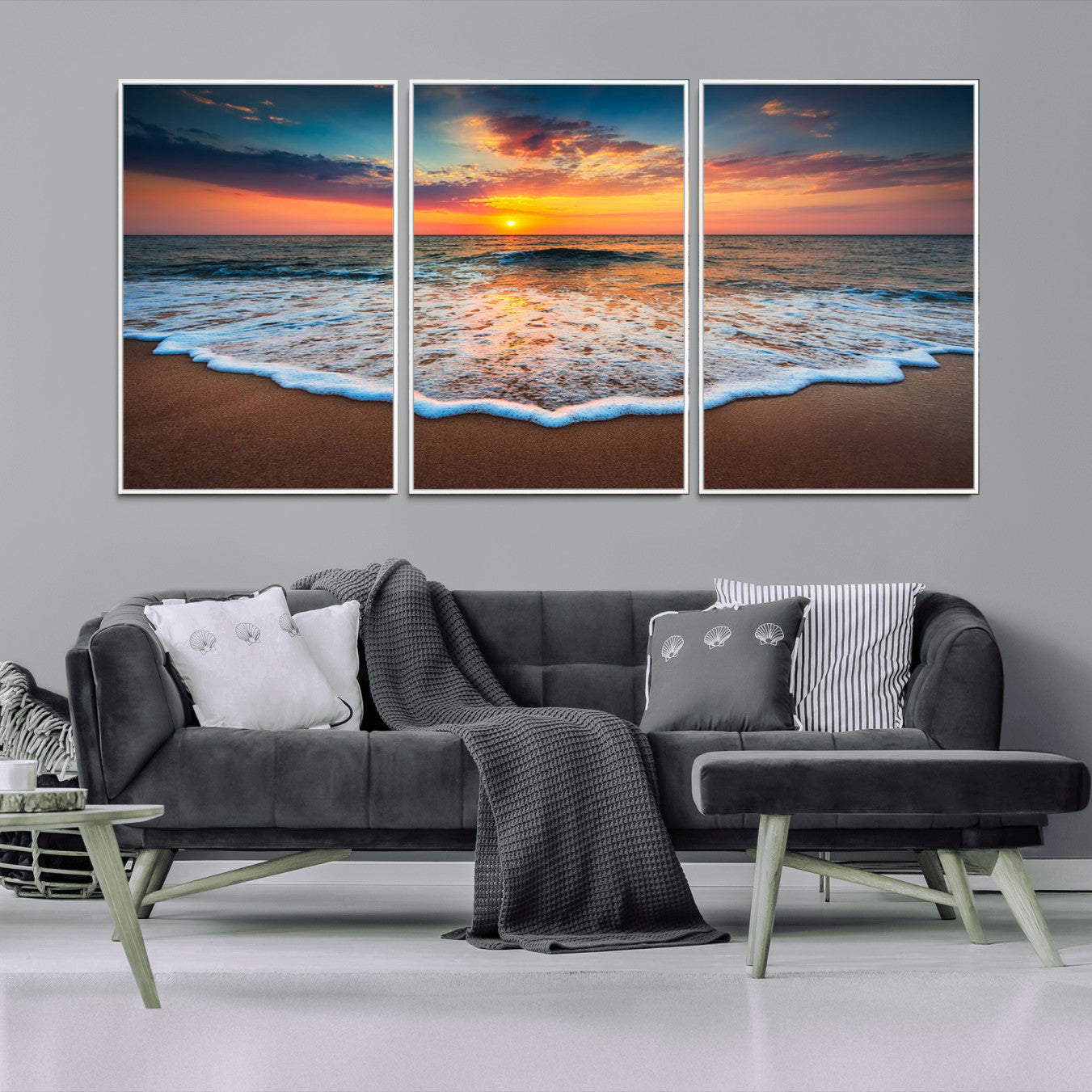 -Sunset Beach Canvas Wall Art – Colorful Ocean Waves Triptych – Coastal Decor for Living Room or