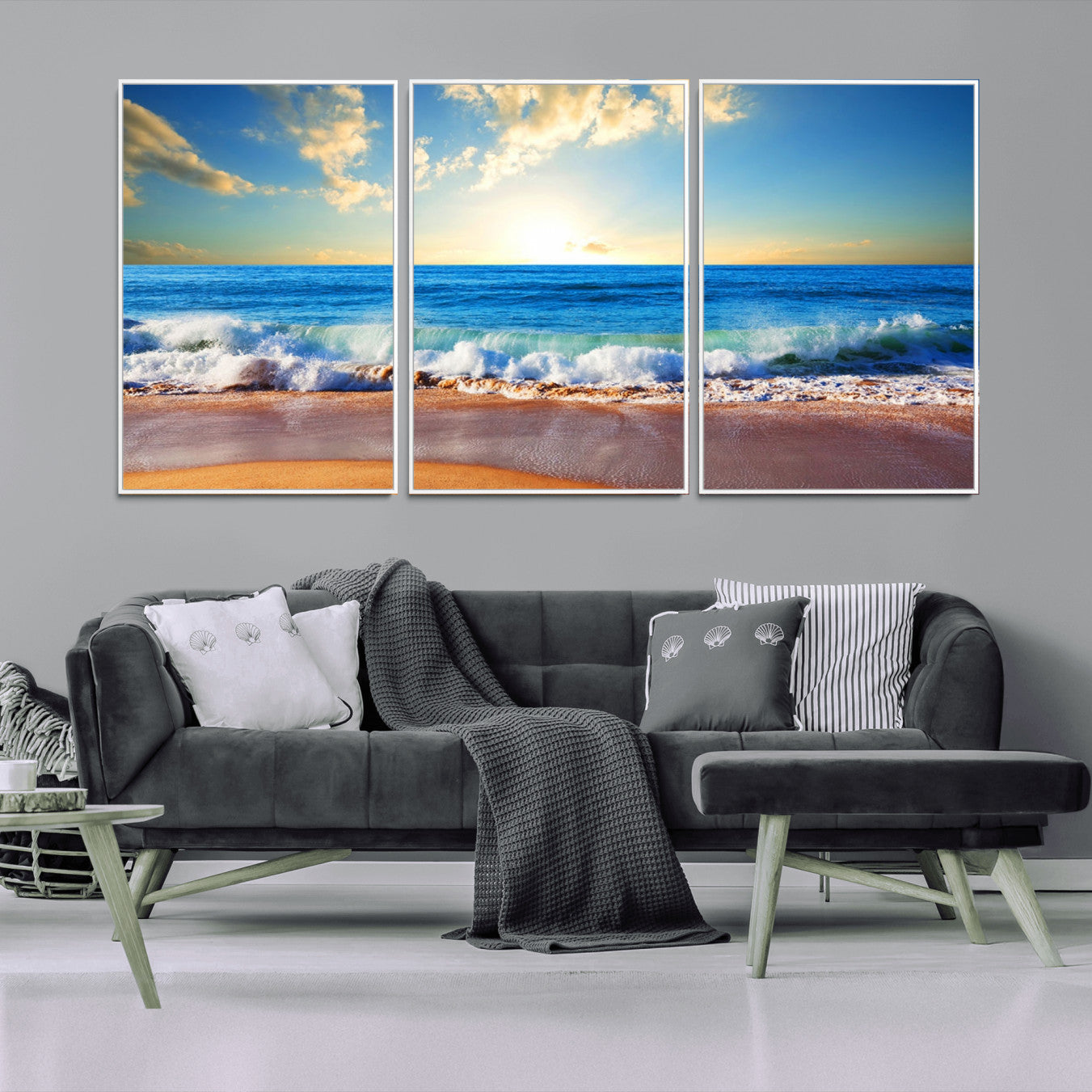 50522-MGV-FC-60X30-3P_White-Tropical Beach Sunset Canvas Art, Ocean Waves and Sandy Shoreline Wall Art, Large Beach Decor for