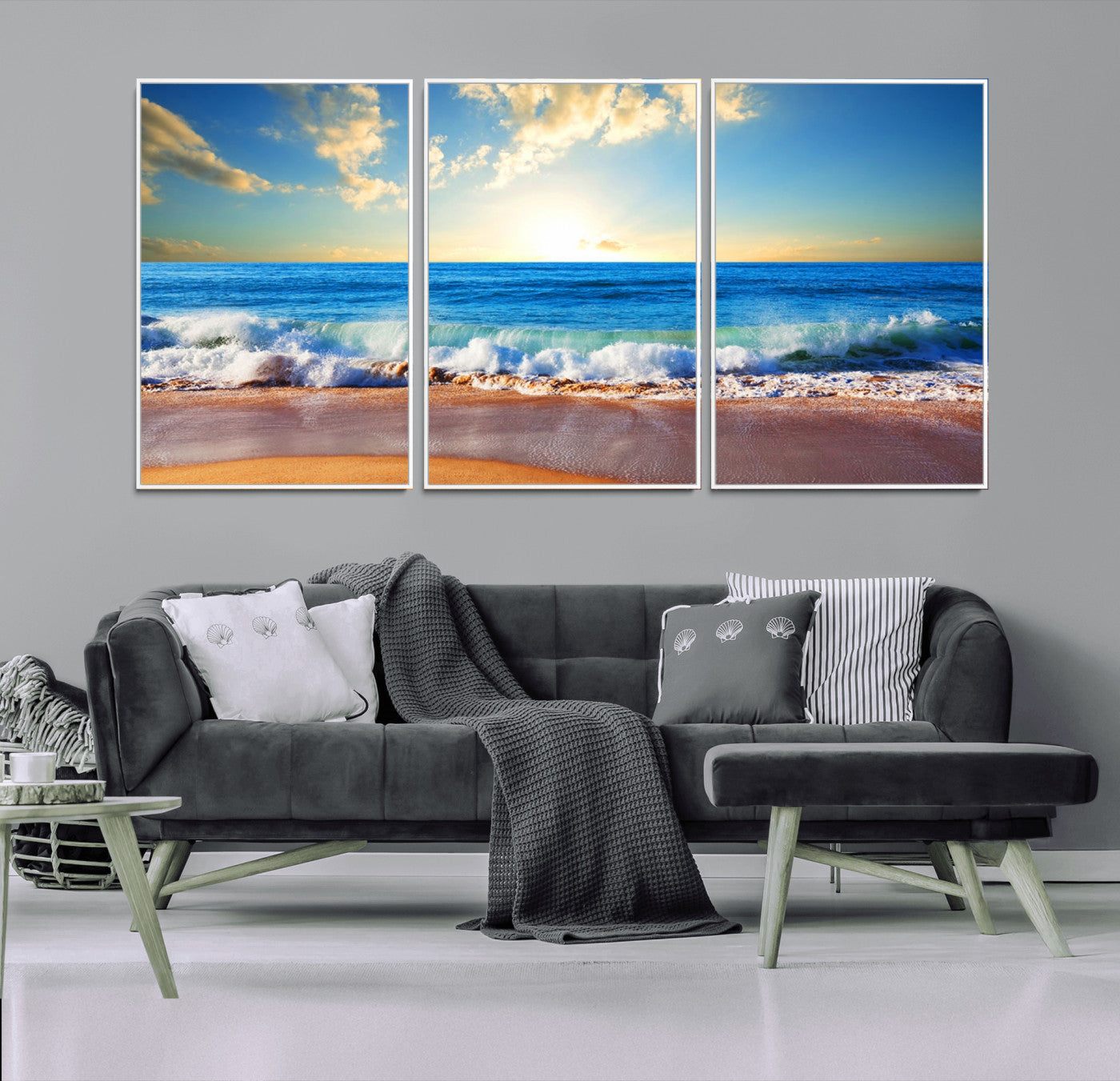 50522-MGV-FC-60X30-3P_White-Tropical Beach Sunset Canvas Art, Ocean Waves and Sandy Shoreline Wall Art, Large Beach Decor for