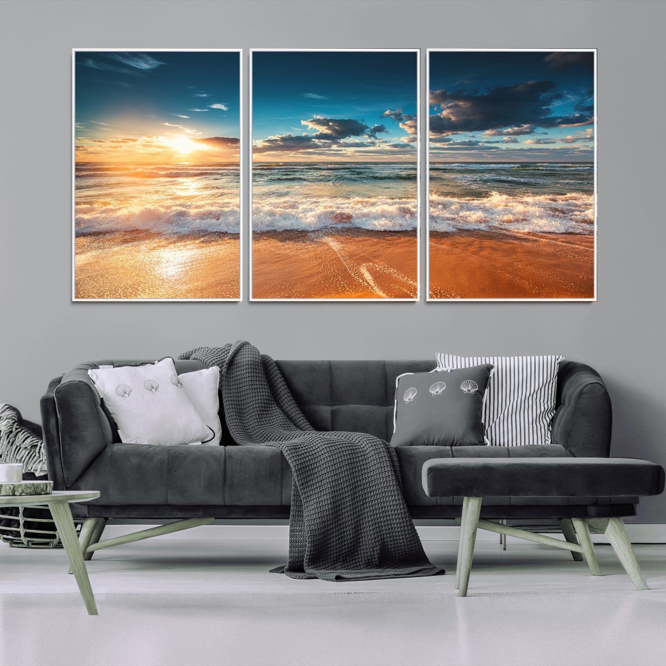 -Golden Sunset Beach Triptych Canvas Art, Giclee Coastal Wall Decor, Ocean Waves Print, Modern Beach