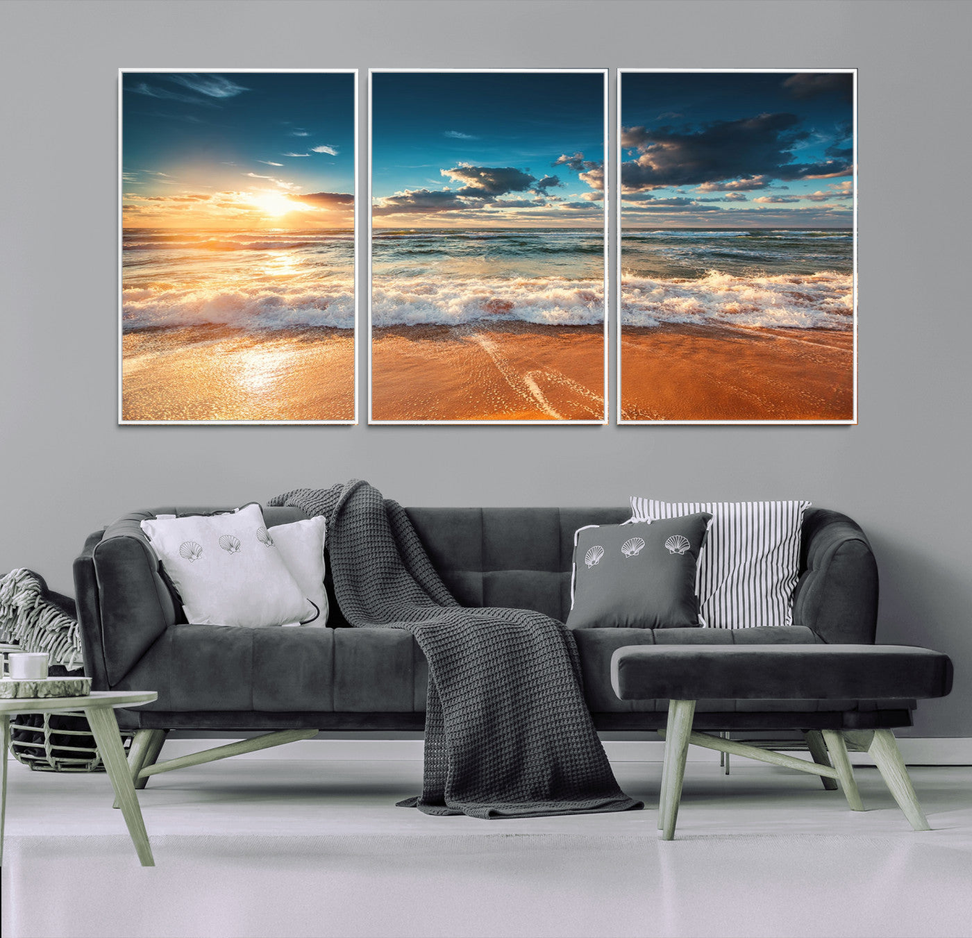 -Golden Sunset Beach Triptych Canvas Art, Giclee Coastal Wall Decor, Ocean Waves Print, Modern Beach