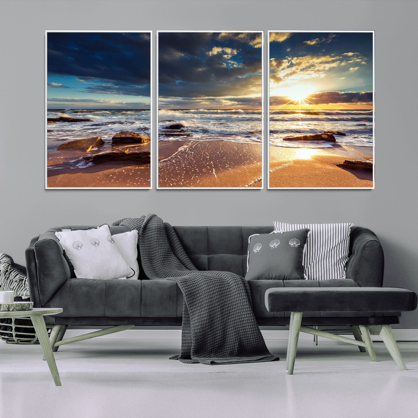 44481-MGV-FC-60X30-3P_White-Golden Hour Beach Sunset Canvas Triptych, Ocean Waves and Rocks Wall Art for Coastal Home Decor