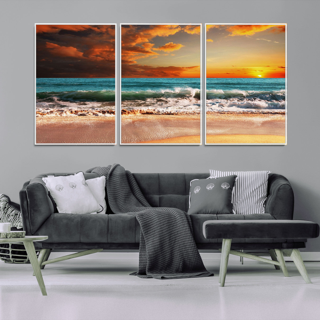 72948-MGV-FC-60X30-3P_White-Golden Sunset Beach Canvas Wall Art – Triptych Seascape Print – Framed and Ready to Hang for Living