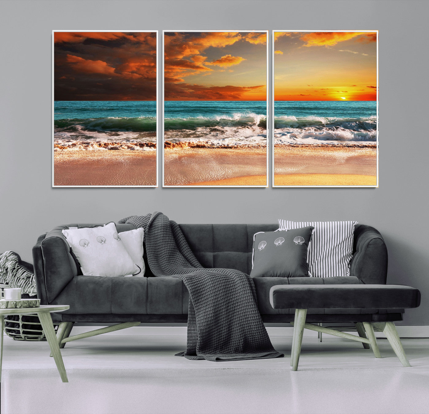 72948-MGV-FC-60X30-3P_White-Golden Sunset Beach Canvas Wall Art – Triptych Seascape Print – Framed and Ready to Hang for Living