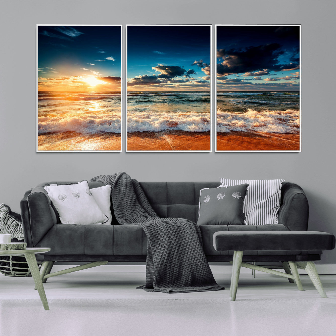 -Golden Hour Sunset Over Ocean Waves Wall Art Canvas Print | 3 Panel Coastal Landscape Canvas Wall