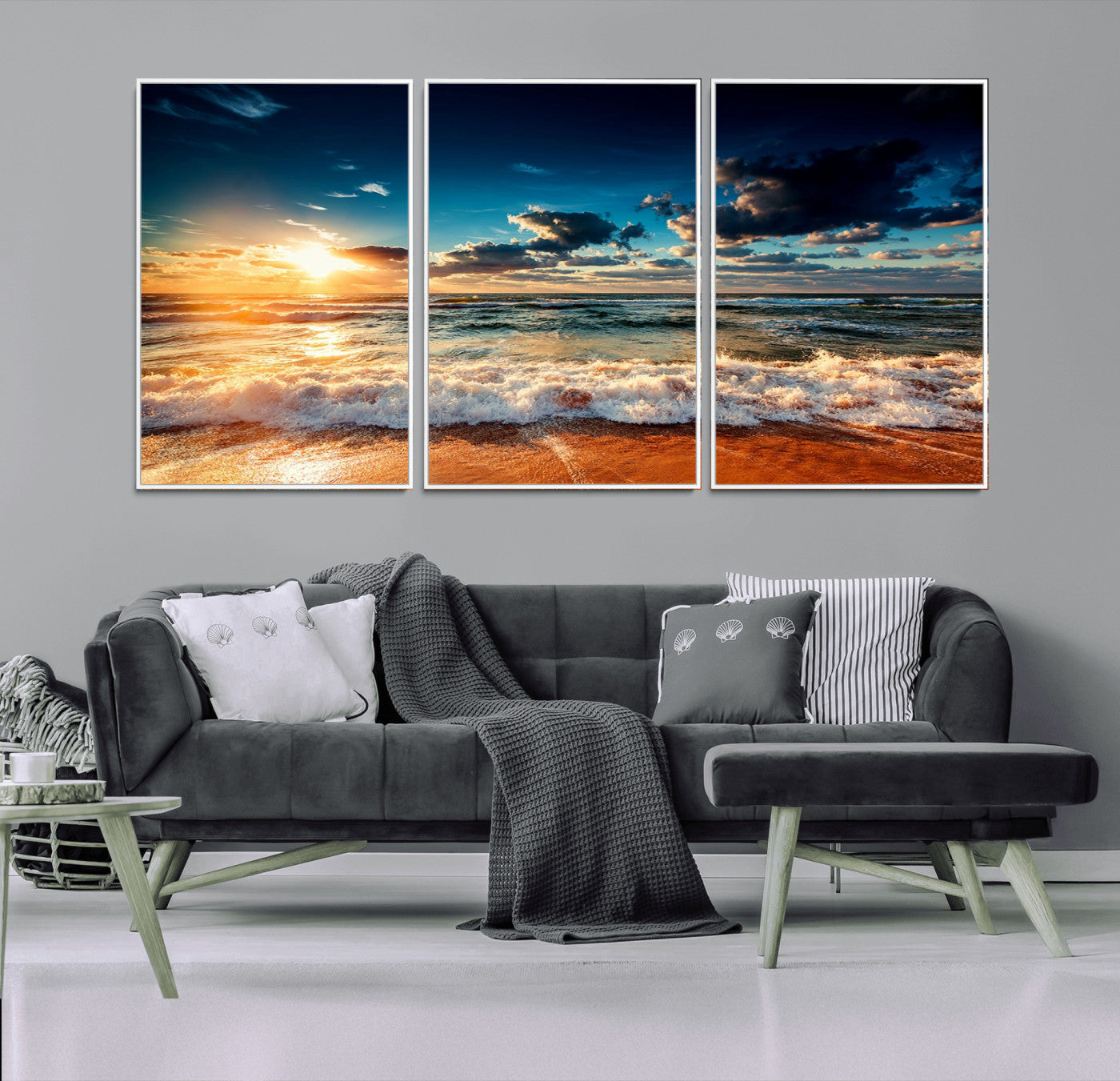 -Golden Hour Sunset Over Ocean Waves Wall Art Canvas Print | 3 Panel Coastal Landscape Canvas Wall
