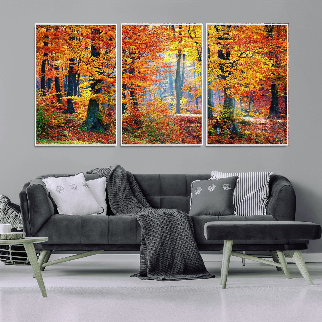 91746-MGV-FC-60X30-3P_White-Autumn Red Forest Triptych Canvas Wall Art Print, Forest Wall Decor, Fall Landscape Art | Season