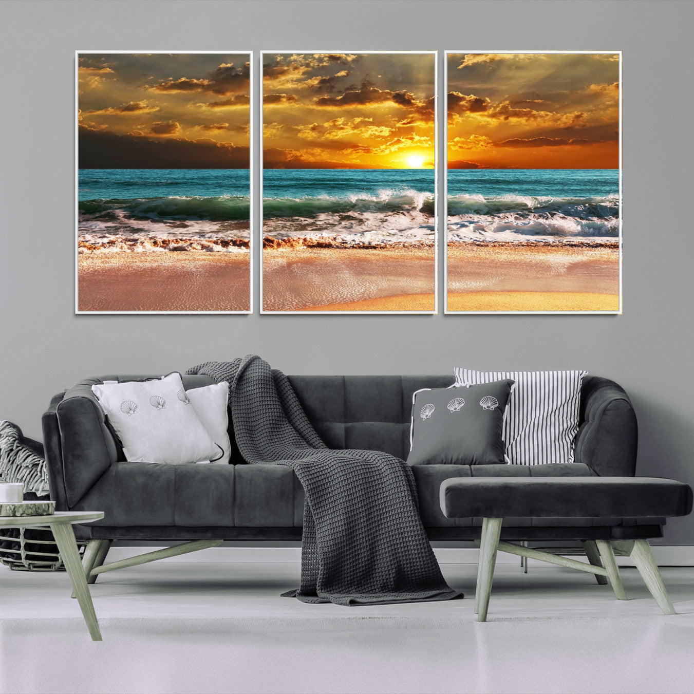 16495-MGV-FC-60X30-3P_White-Golden Sunset Beach Canvas Wall Art – Triptych Seascape Print – Framed and Ready to Hang for Living