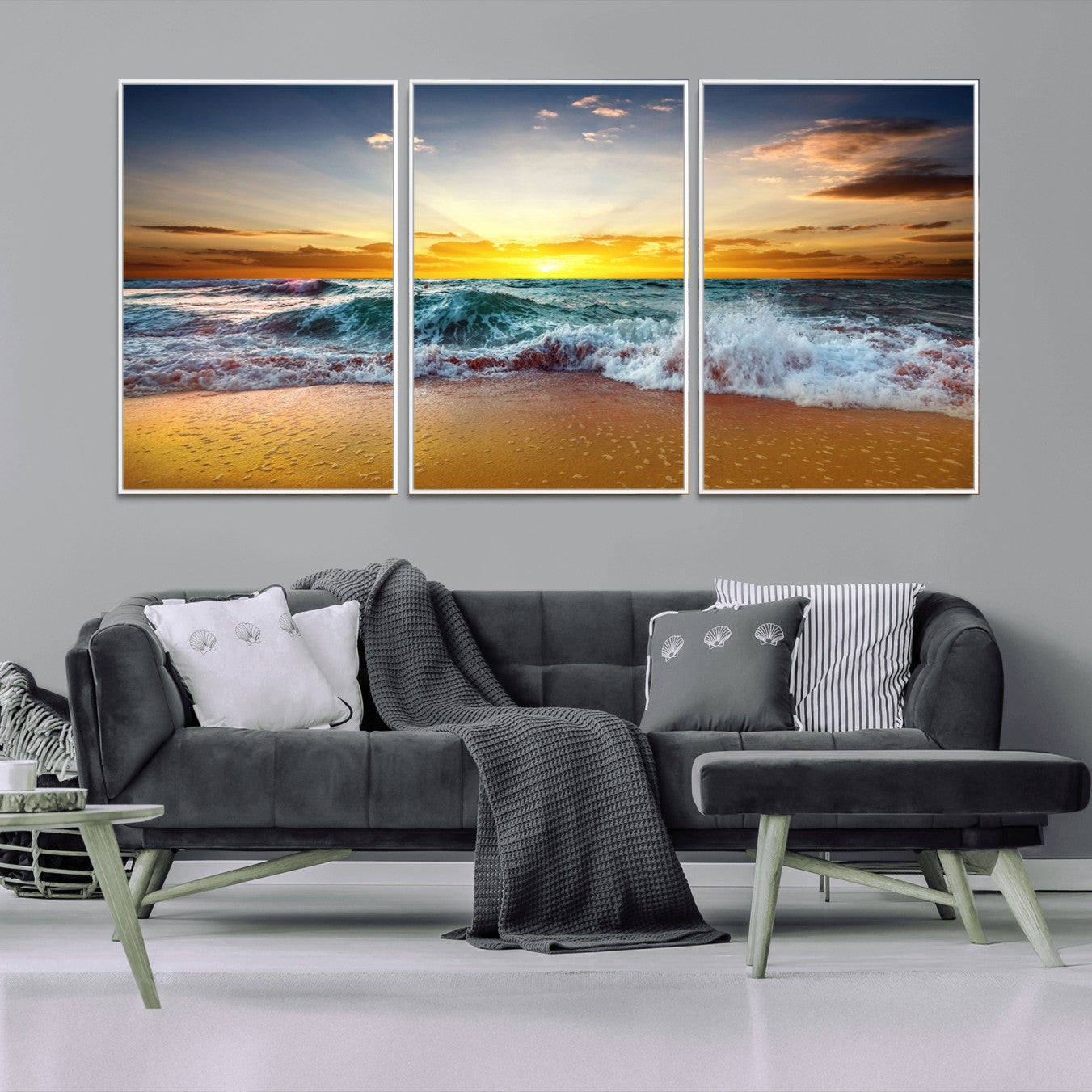 -Golden Sunset Ocean Waves Wall Art Canvas Print – Multi Panel Beach Canvas Print Set – Large Coastal