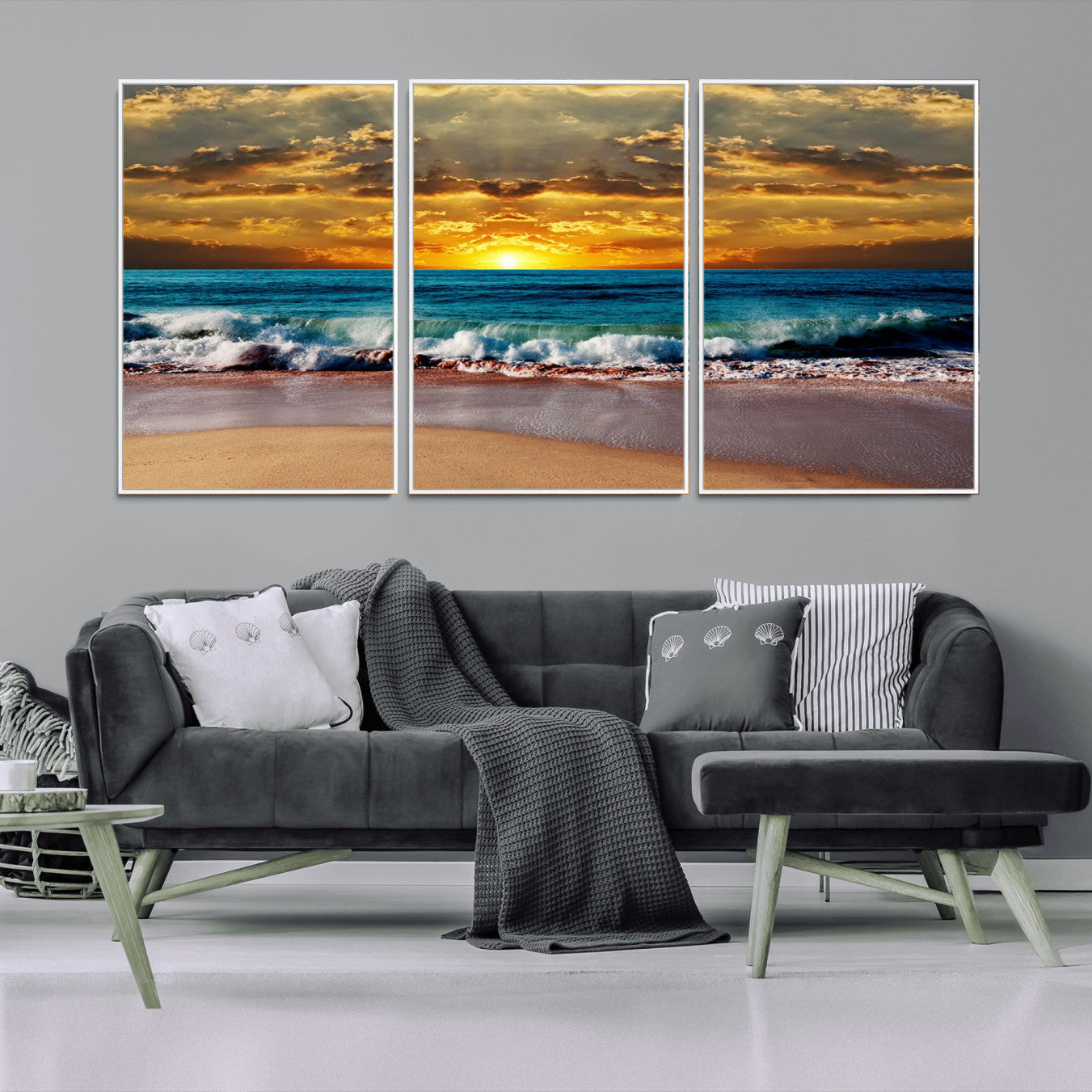 -Ocean Sunrise Over Golden Beach Waves, Giclee Canvas Wall Art Set, High-Quality Stretched Canvas