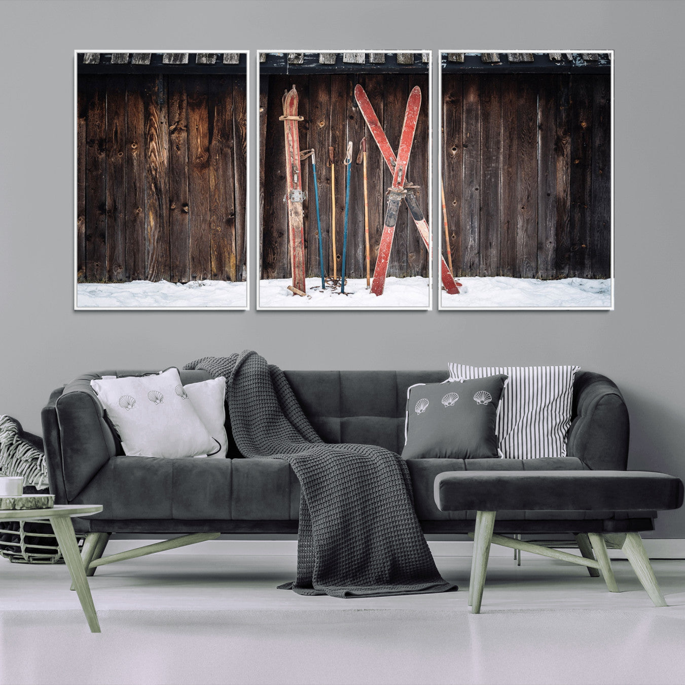 78590-MGV-CV-36X24-Vintage Ski Gear Canvas Print, Vintage Ski Gear Against Wooden Cabin Wall, Rustic Winter Sports