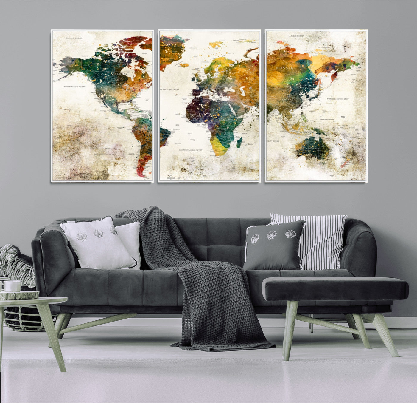 39605-MGV-CV-36X24-Vintage Watercolor World Map Canvas Wall Art – Framed Push Pin Travel Map for Home and Office Decor, Rustic Artistic World Map Artwork