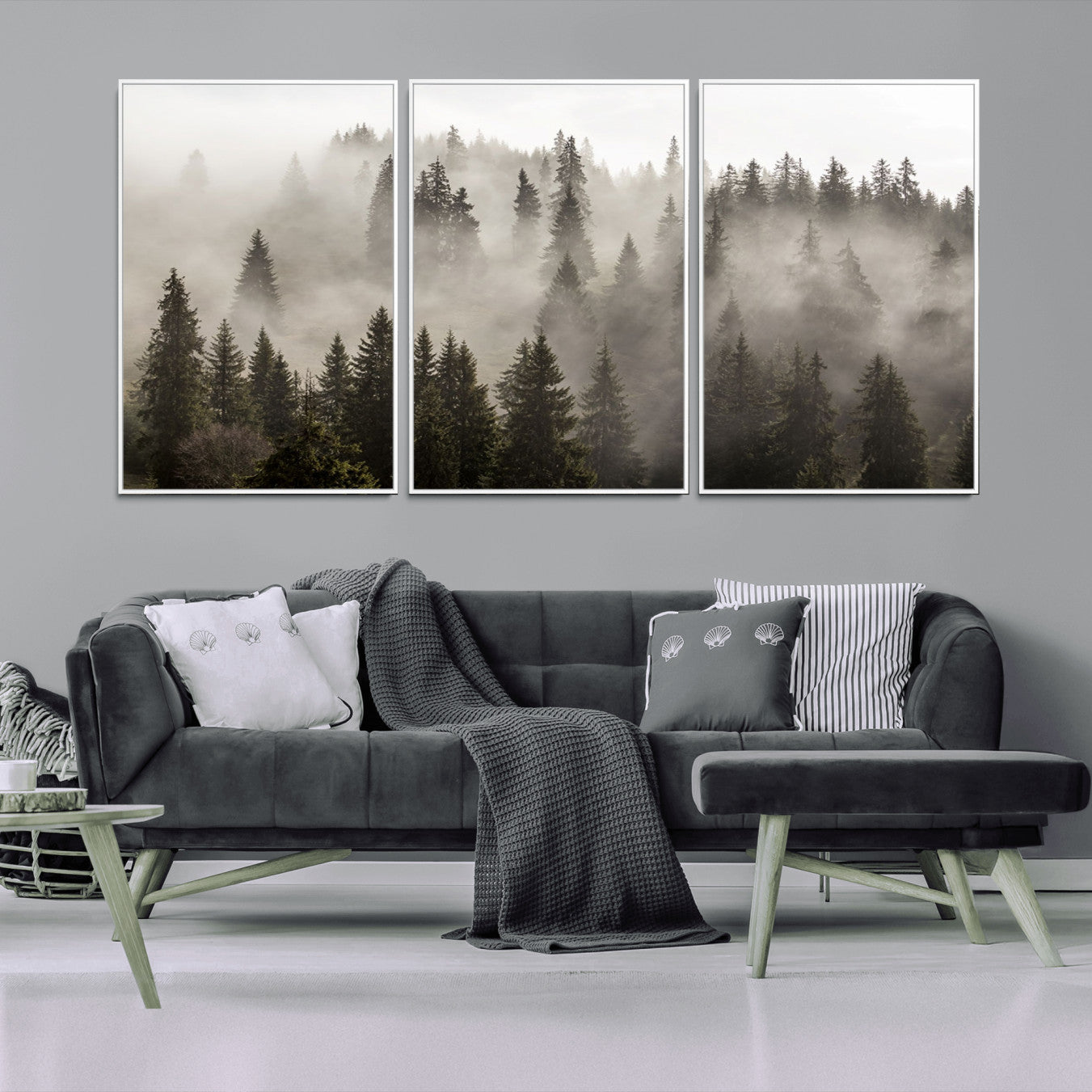 62862-MGV-CV-36X24-Foggy Mountain Wall Art | 3-Panel Foggy Forest and Mountain Landscape | Large Giclee Print for