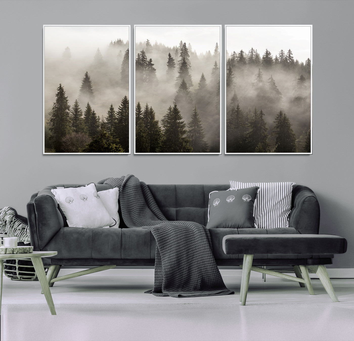 62862-MGV-CV-36X24-Foggy Mountain Wall Art | 3-Panel Foggy Forest and Mountain Landscape | Large Giclee Print for