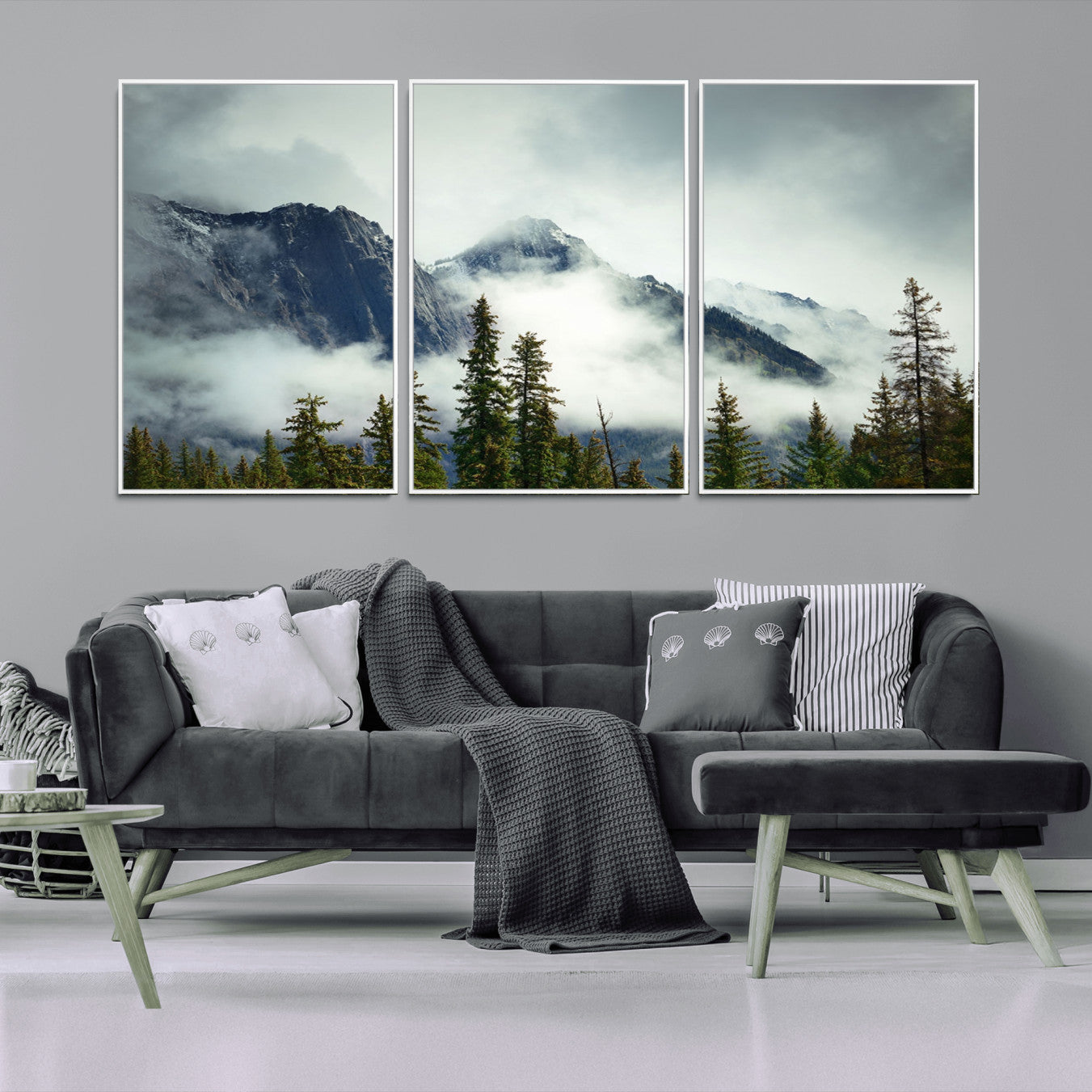 93219-MGV-CV-36X24-Mountain Mist Canvas Wall Art Print | 3-Panel Foggy Forest and Mountain Landscape | Large Giclee