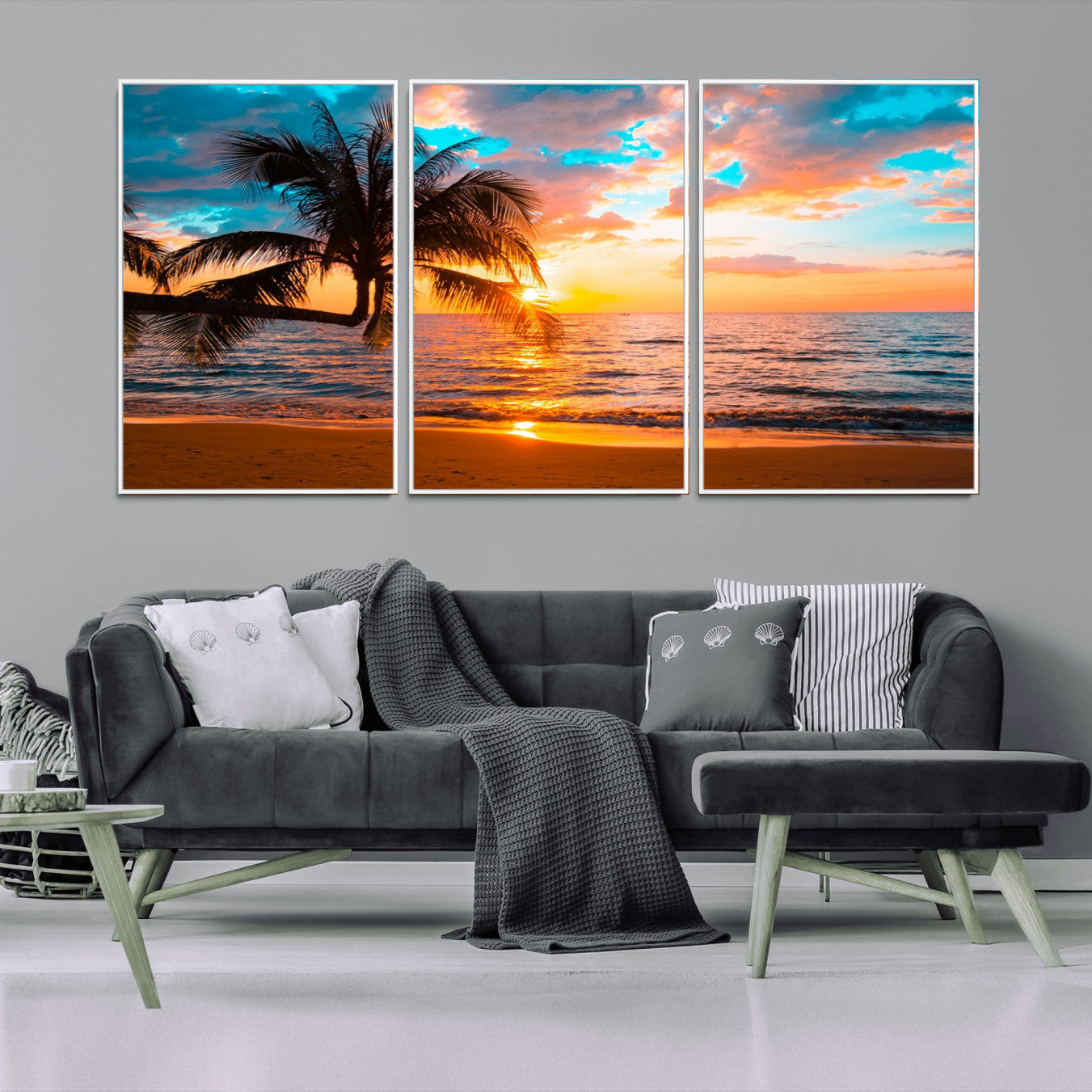 34674-MGV-CV-36X24-Palm Tree Sunset On The Beach Wall Art Canvas, Framed Palm Tree Sunset Canvas Print