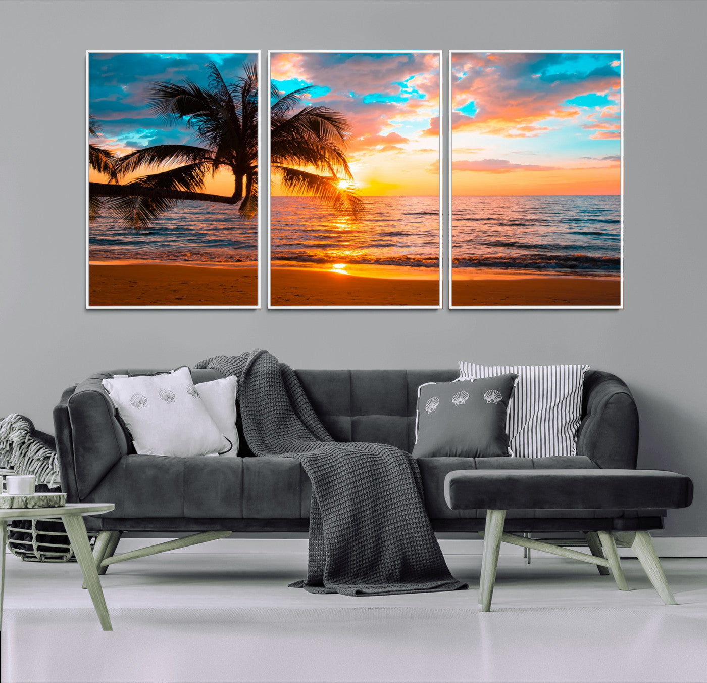 -Palm Tree Sunset On The Beach Wall Art Canvas, Framed Palm Tree Sunset Canvas Print