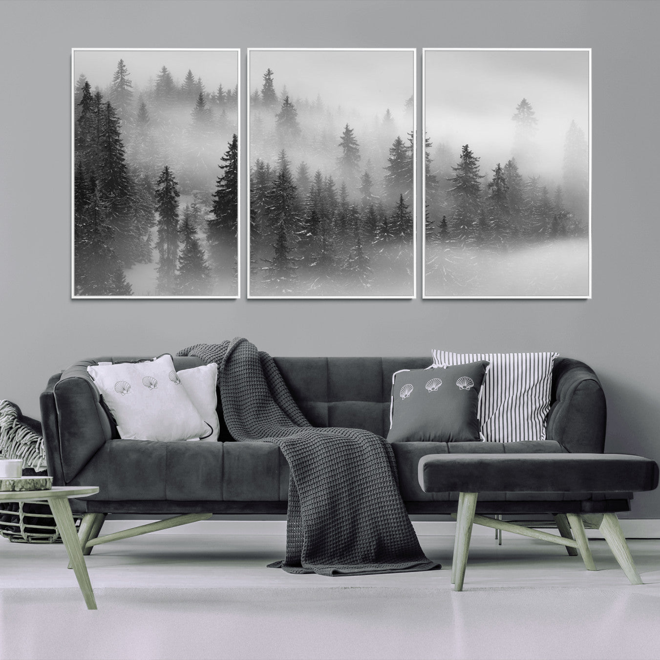 57235-MGV-CV-36X24-Foggy Misty Forest Canvas Wall Art – Black and White Landscape – Framed and Ready to Hang Modern