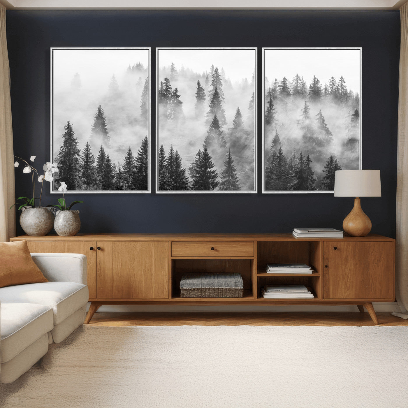 10422-MGV-CV-36X24 - Forest Wall Art Print | Foggy Pine Forest Canvas Wall Art - Black and White Nature Decor for Living