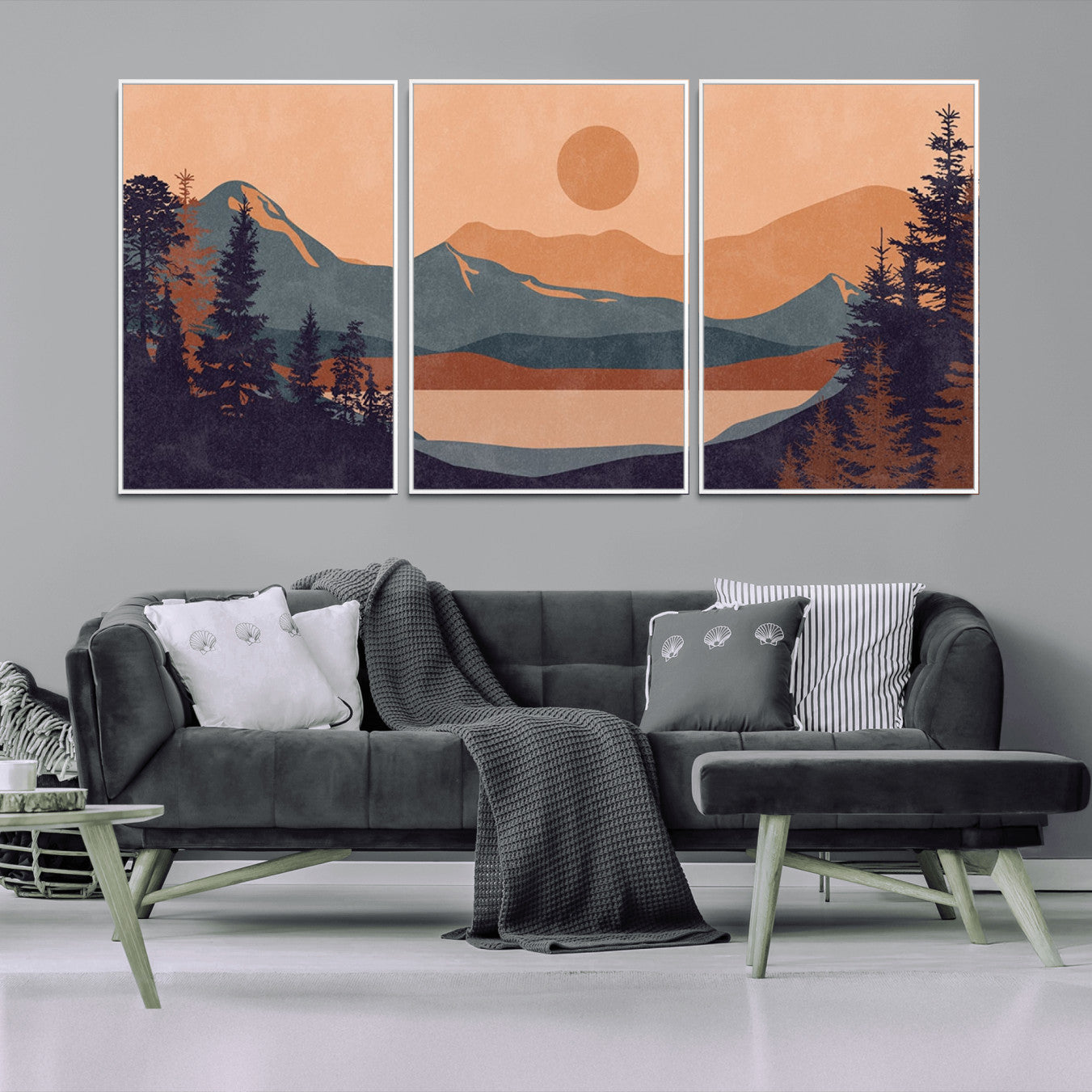 -Modern Boho Sunset Canvas Print, Mountain Landscape Triptych – Giclée Canvas Art Print for Living