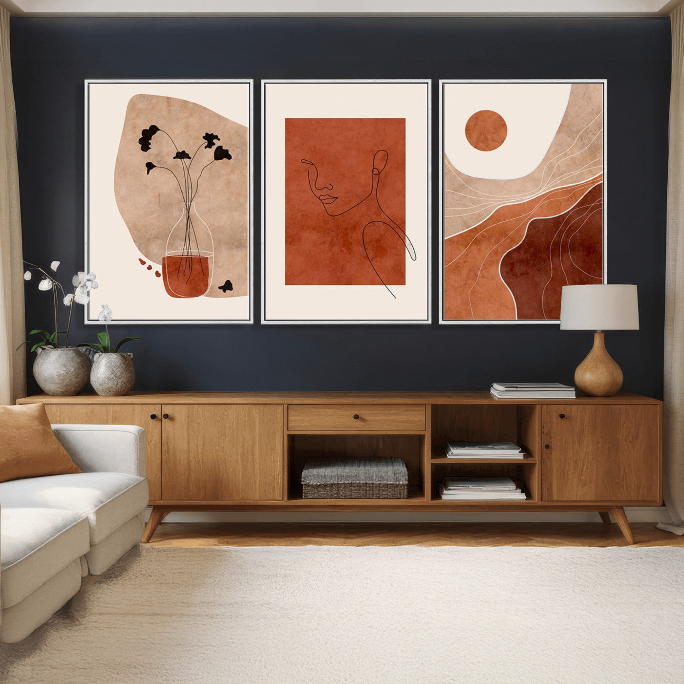 56768-MGV-CV-60X30-3P - Boho Sunset Mountain Canvas Print, Modern Boho Sunset Mountain Landscape Triptych – Giclée Canvas