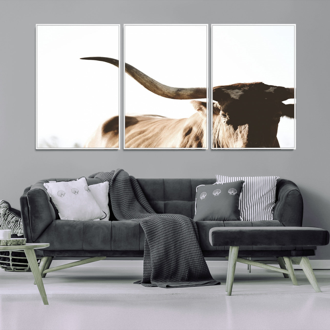 -Texas Longhorn Wall Art Canvas Print | 3-Panel Large Longhorn Canvas Print for Living Room, Framed