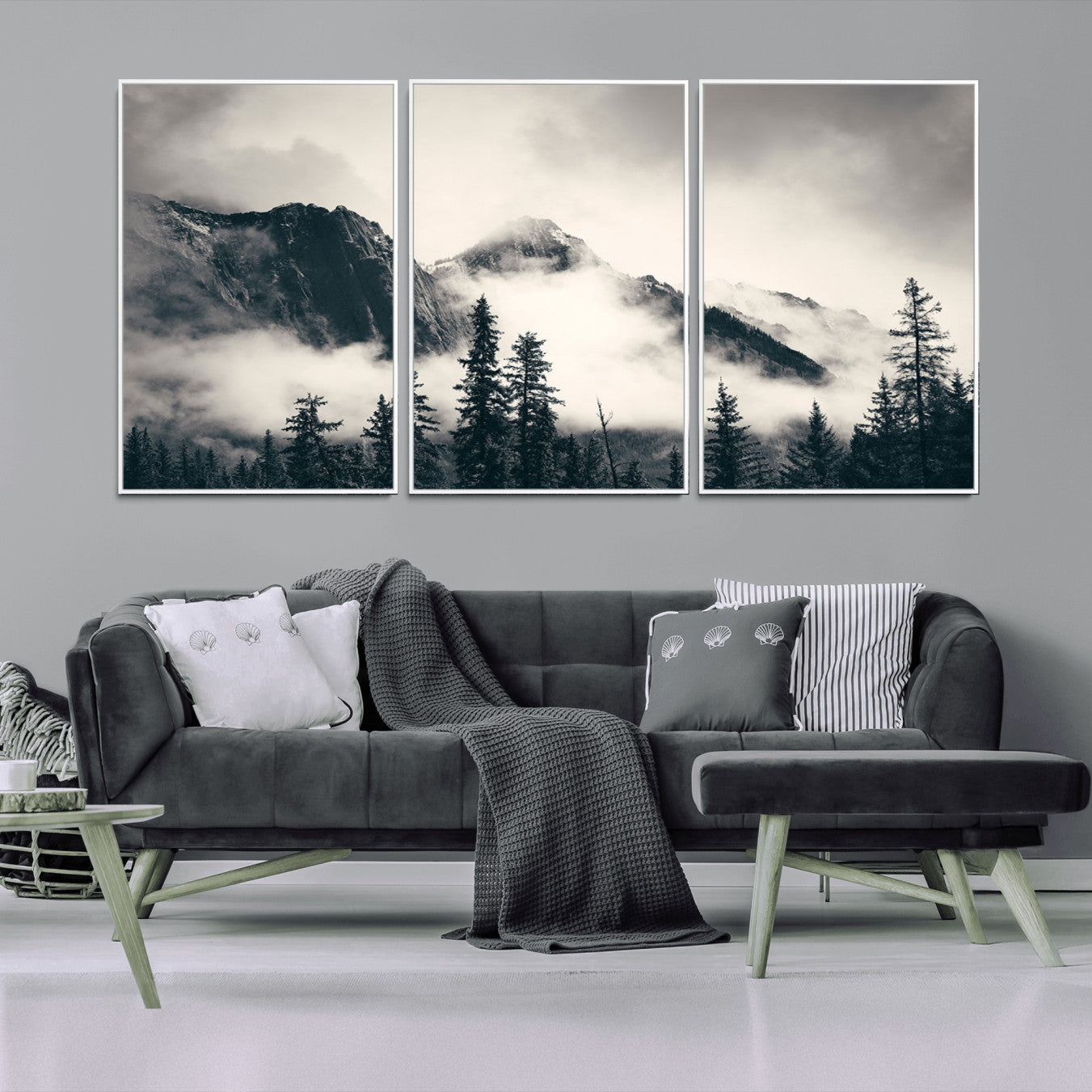 59517-MGV-CV-36X24-Forest Mountain Print - Black and White Canvas Wall Art with Misty Forest Design for Elegant and