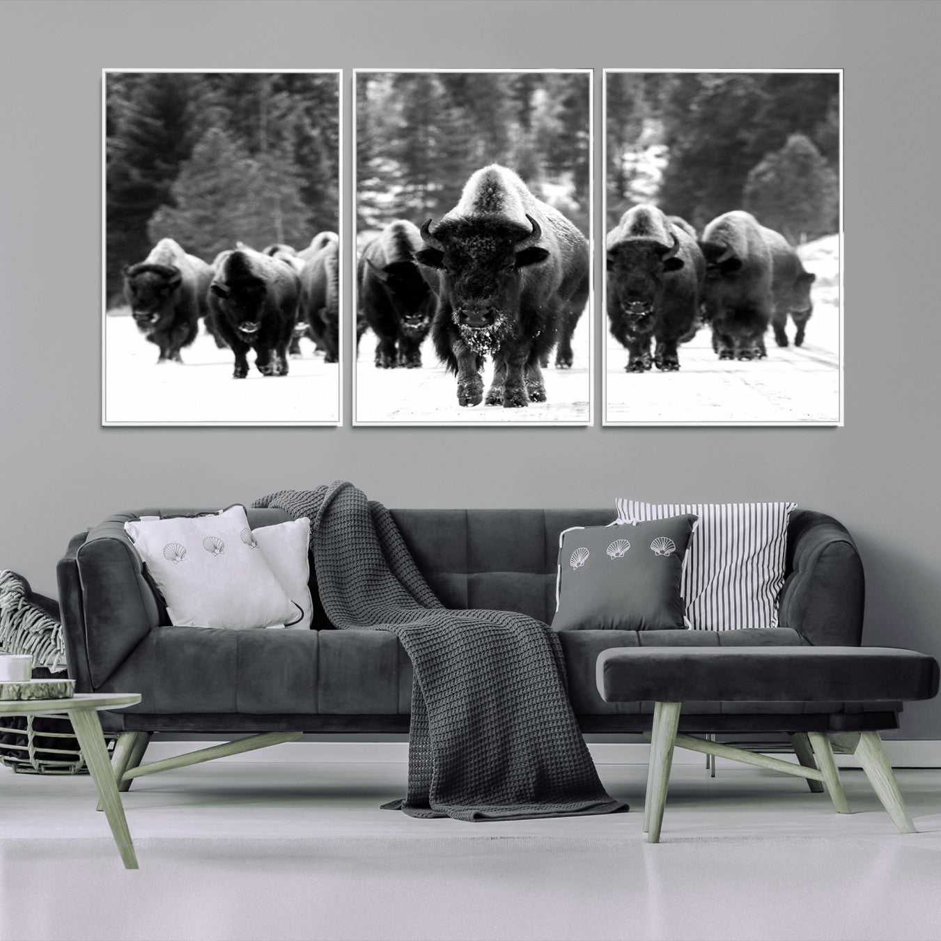 -Bison Herd in Snow Wall Art Canvas Print | Rustic Western Bison Wall Art for Decor for Living Room,